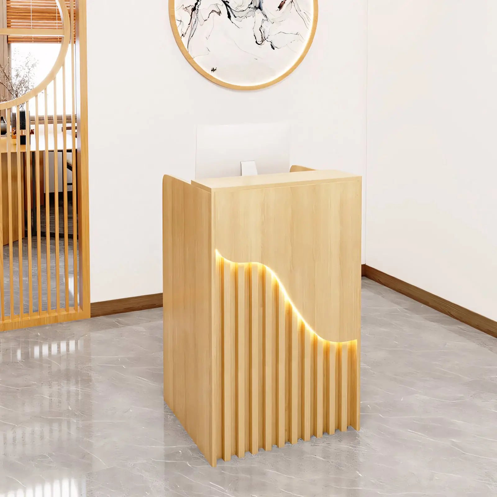 Compact Cashier Counter for Small Shops Wood Slat Checkout Desk ANZHAP-JDT-114-mainpictures 1