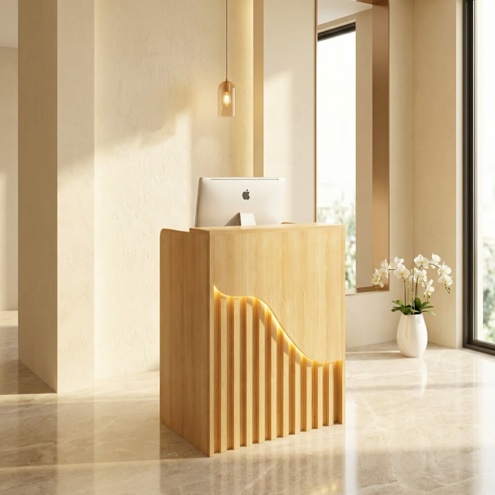 Compact Cashier Counter for Small Shops Wood Slat Checkout Desk ANZHAP-JDT-114-mainpictures 3