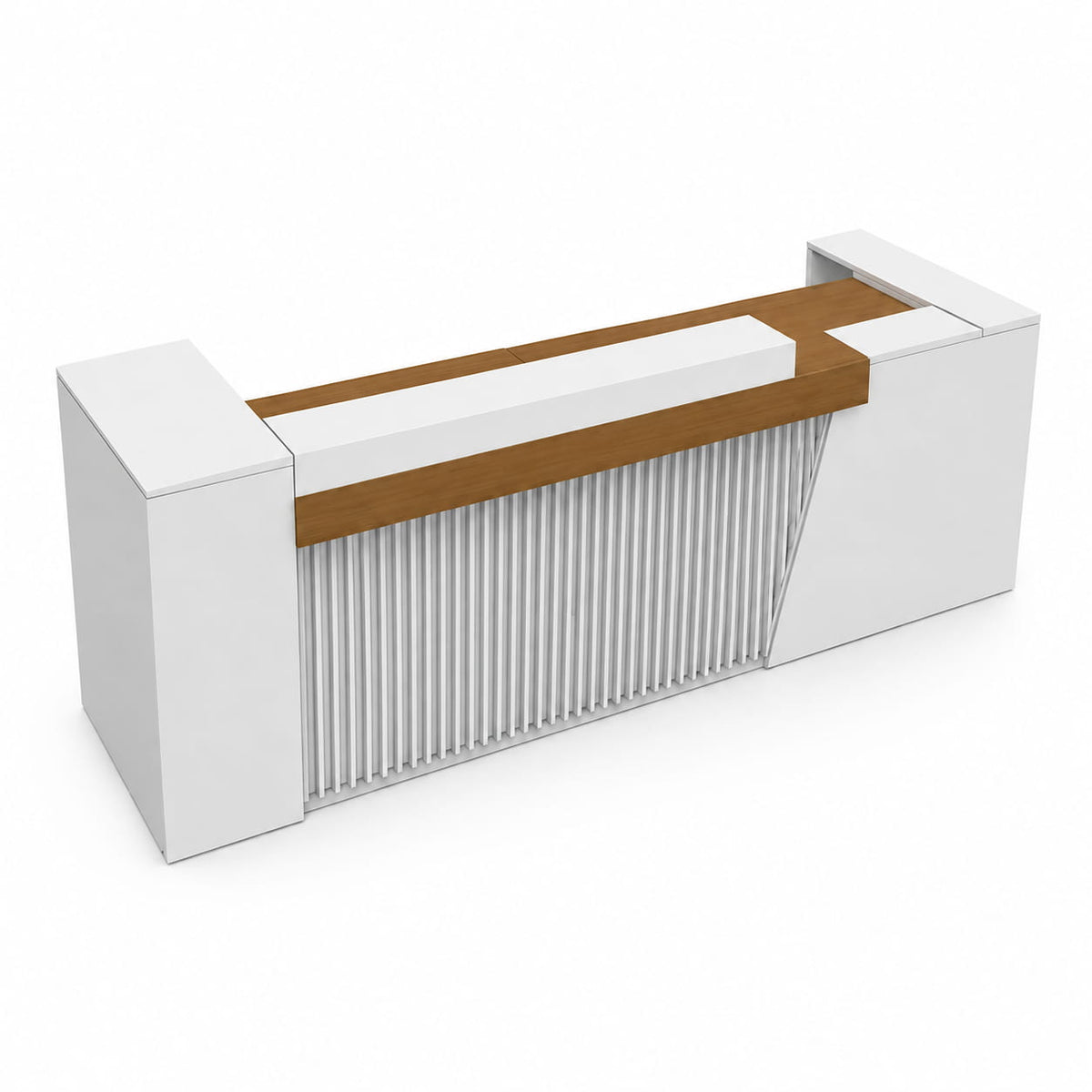 Custom reception counter interior layout with wood worktop, dual storage cabinets and integrated cable management