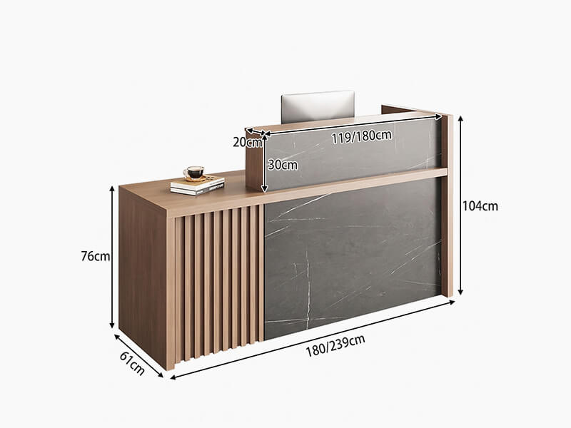 Réception de bureau avec comptoir à deux niveaux et rangement sécurisé - Dimensions