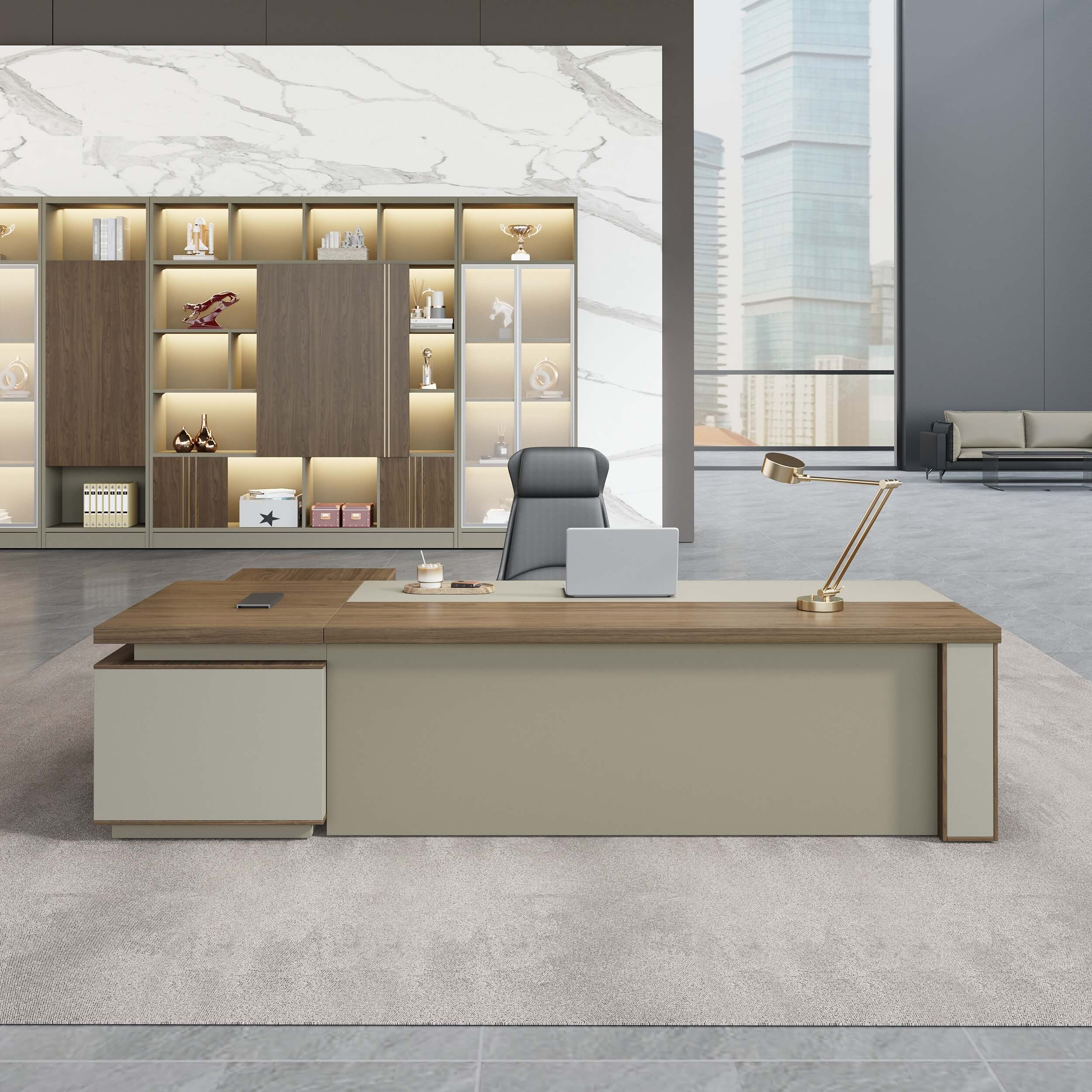 L-Shaped Walnut Executive Desk with Power Outlet and Storage - ANZHAP LBZ-2143 Main picture 7