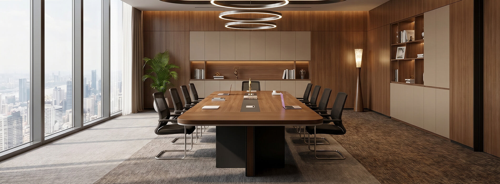 Large wooden conference table in a modern boardroom