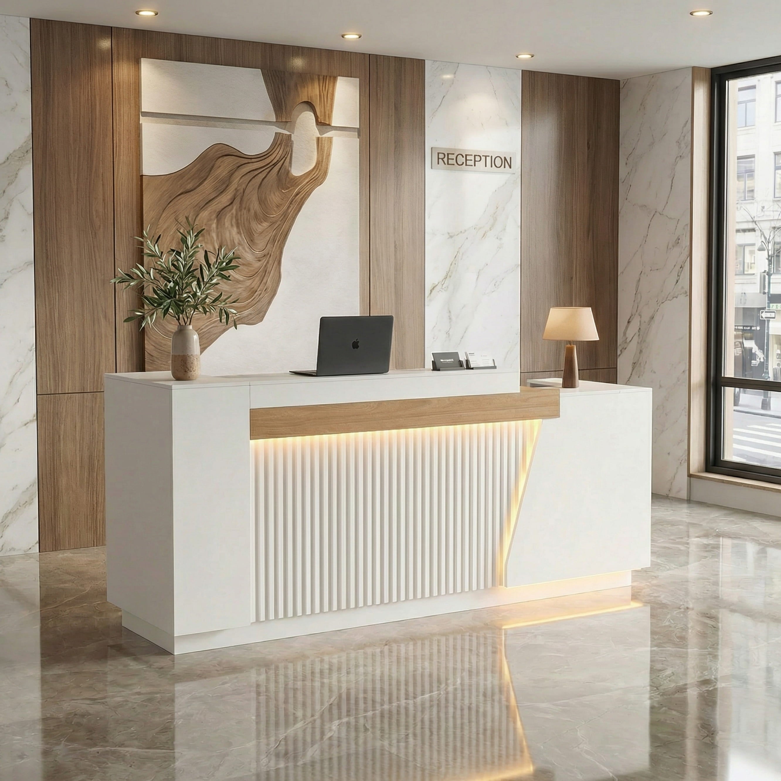 Modern Office Reception Desk with Storage & LED Lighting