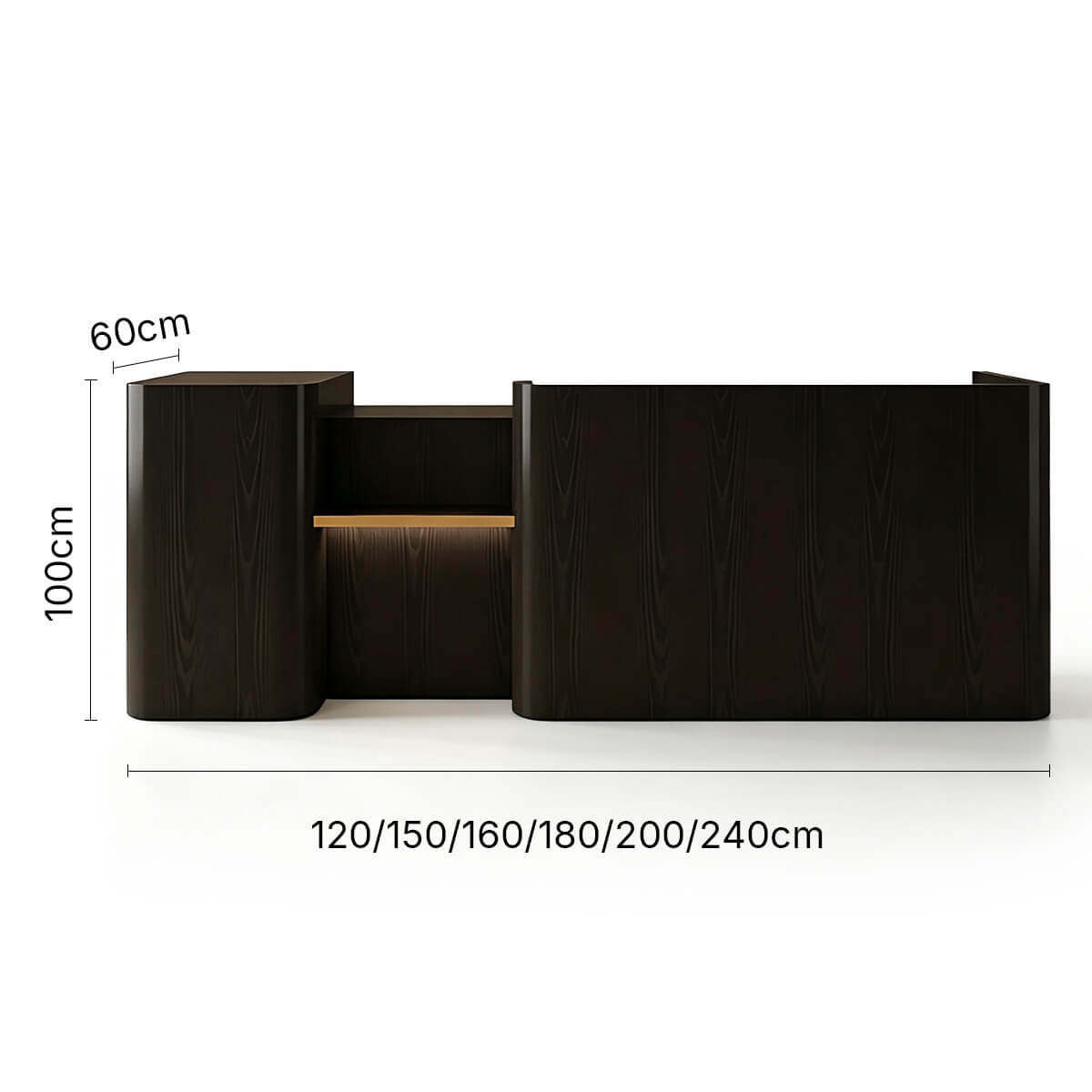 Comptoir de magasin moderne avec étagères d'exposition et rangement verrouillable - Dimensions