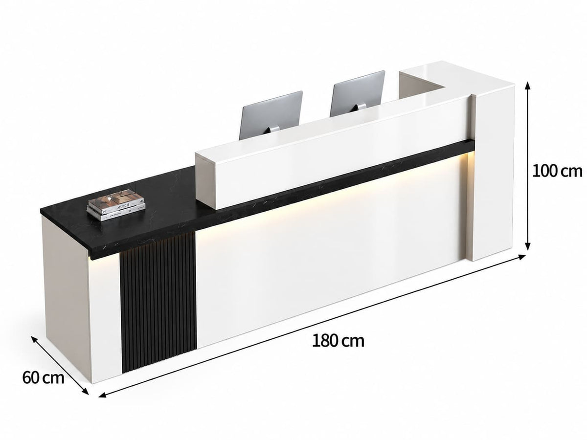 Comptoir d'accueil moderne avec LED et plateau marbré - Dimensions