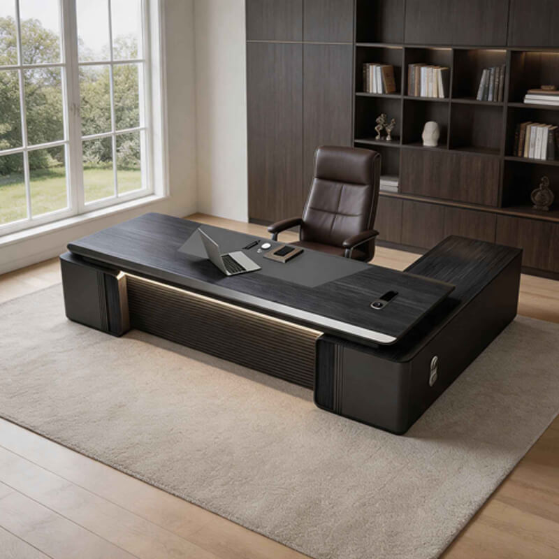 Modern L-shaped executive desk with integrated office storage