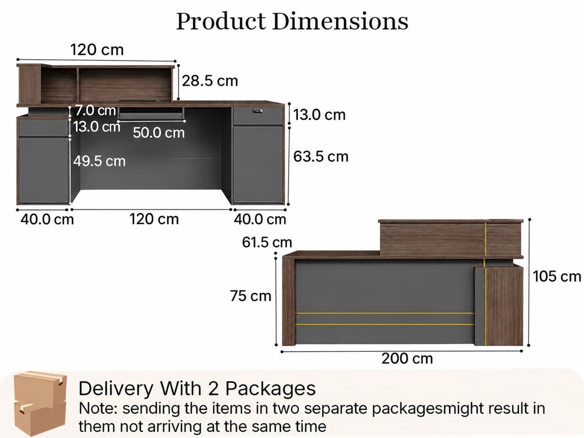 Comptoir de réception de bureau moderne en bois avec rangement verrouillable - Dimensions