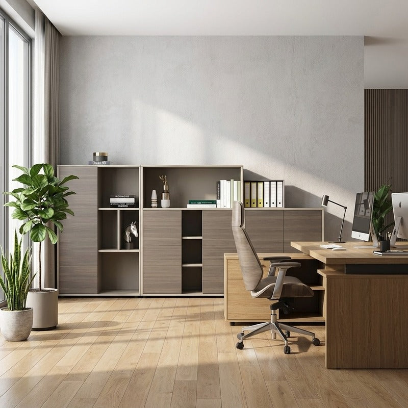 Modern office storage cabinets beside an executive desk