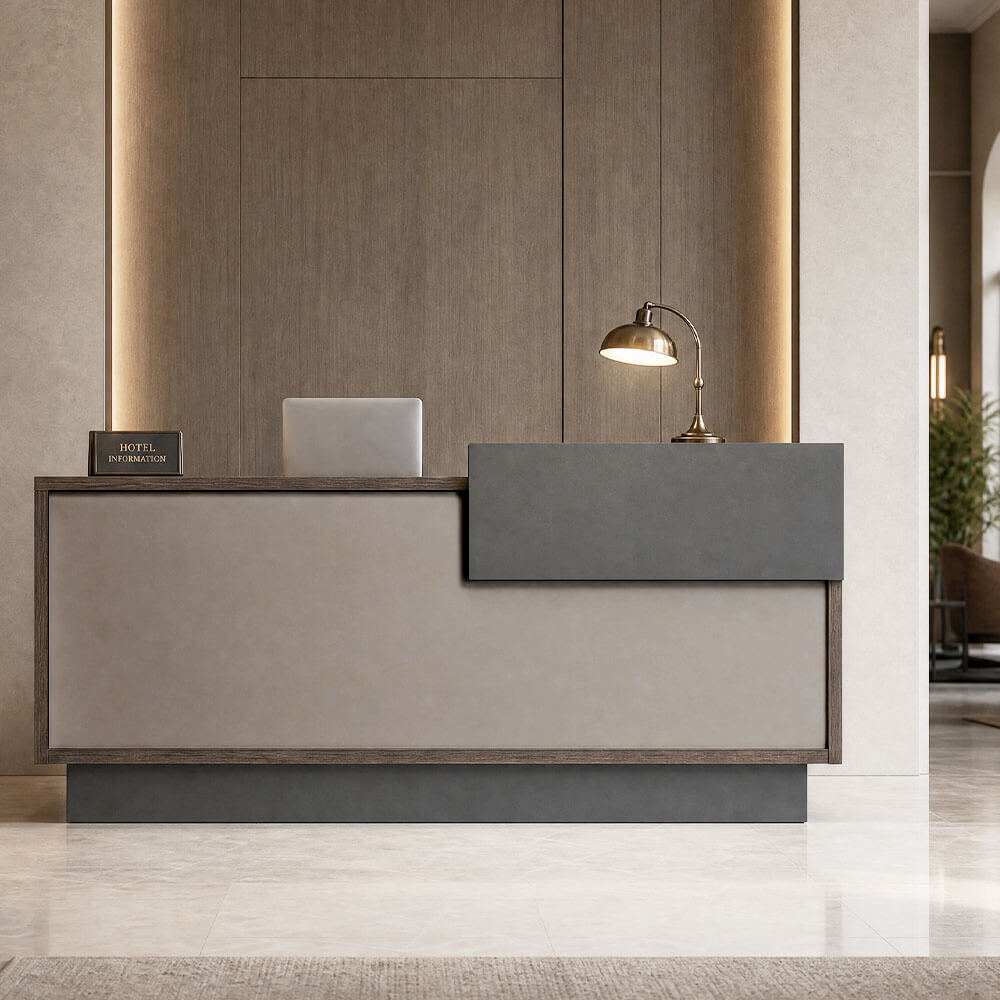 Table de réception professionnelle avec finition bois pour espaces de travail modernes