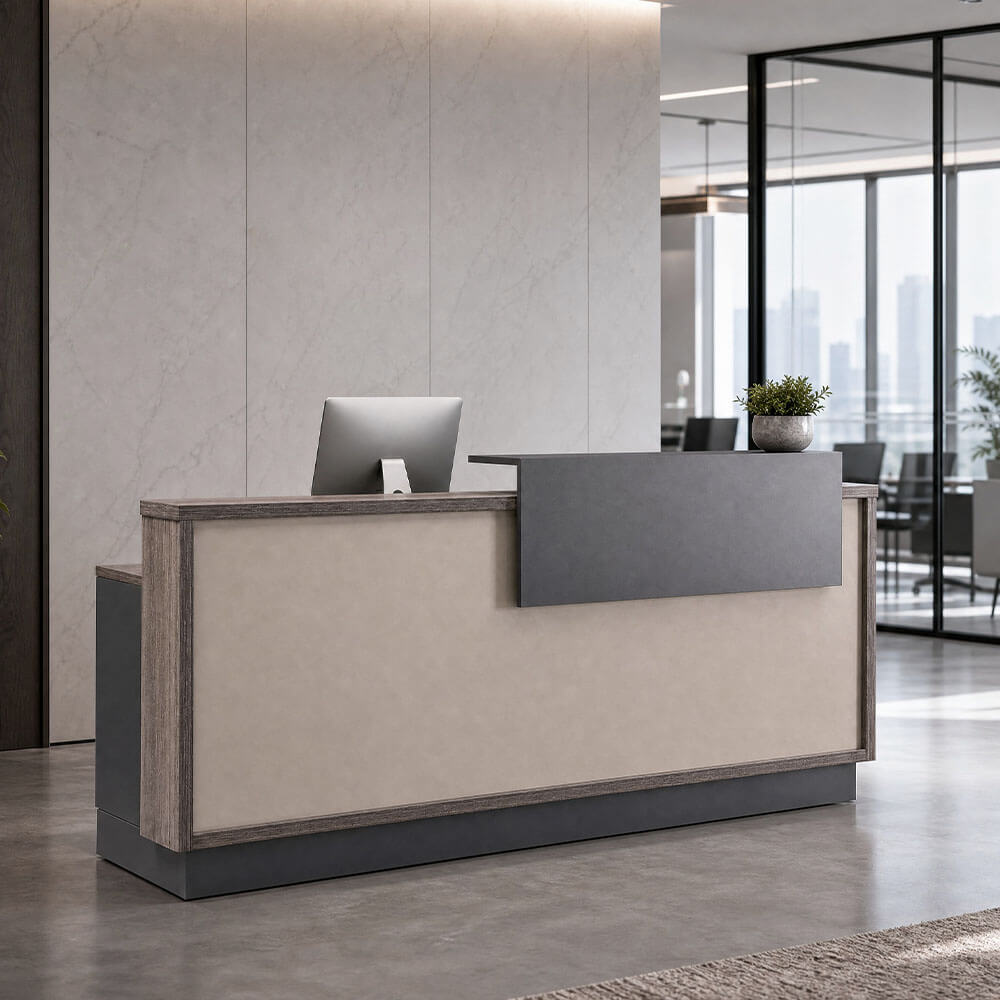 Table de réception professionnelle avec finition bois pour espaces de travail modernes