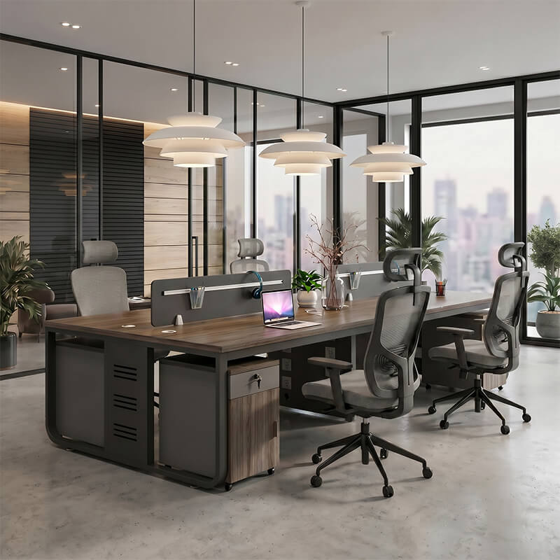 Shared office workstation desks with ergonomic chairs