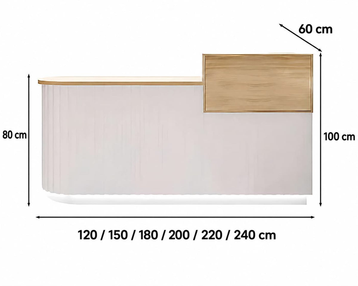 Petit comptoir d'accueil avec tablette de transaction et rangement - Dimensions