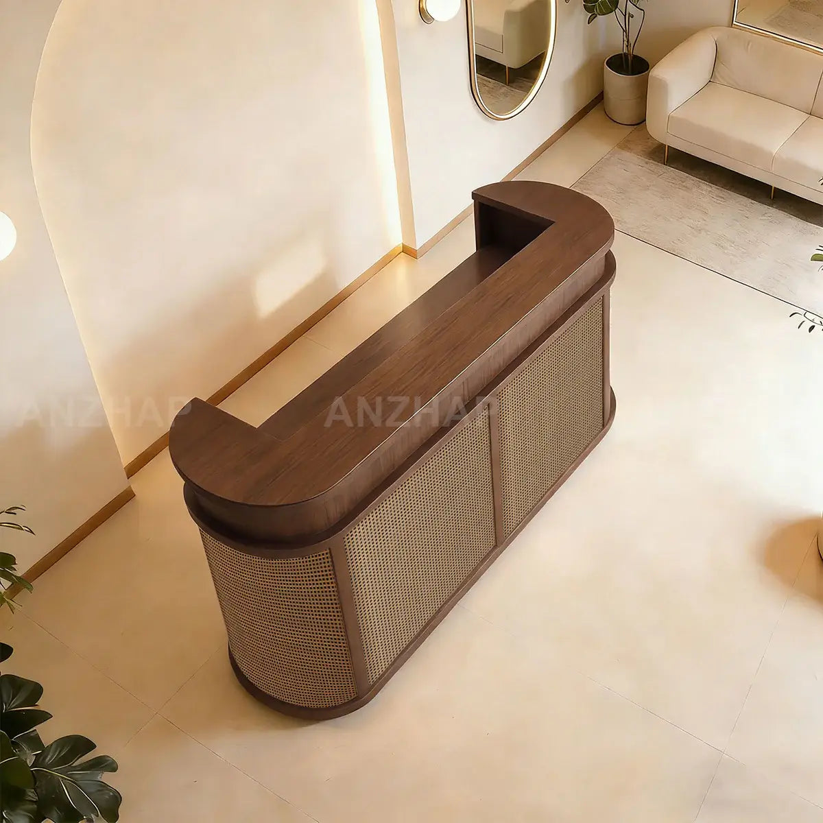 Vintage Curved Wood Reception Desk Round Welcoming Counter for Salon ANZHAP-JDT-144-mainpictures 2
