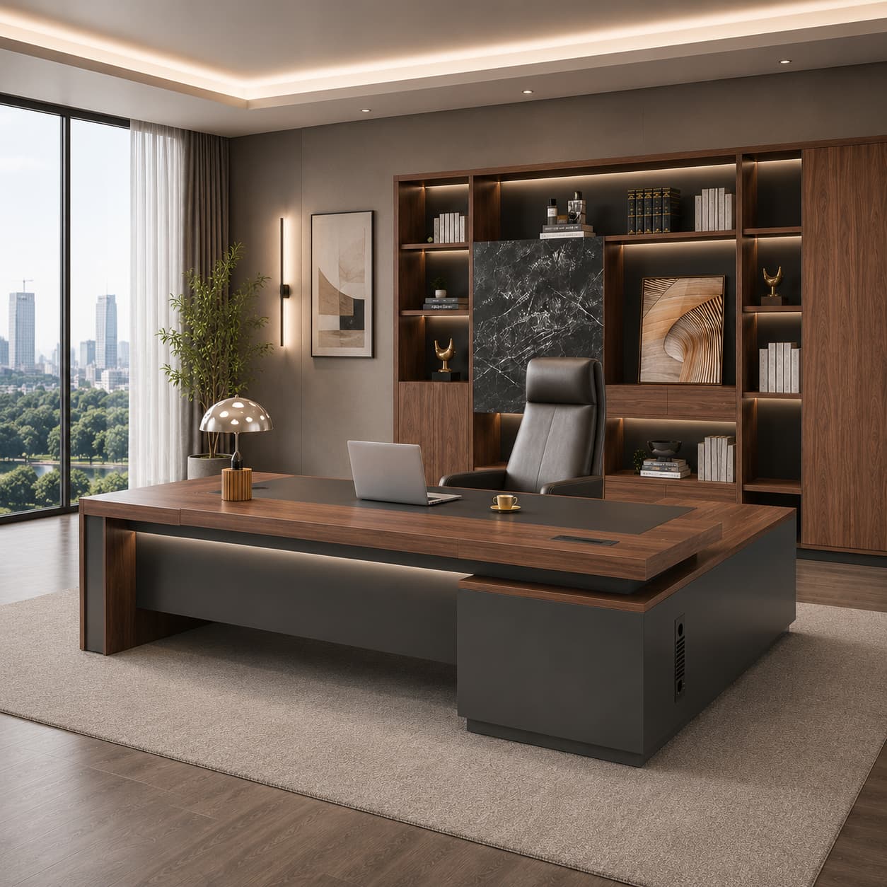 Walnut Executive Director Desk - L-Shaped Boss Desk and Cabinet Set - ANZHAP LBZ-004 Main picture 12