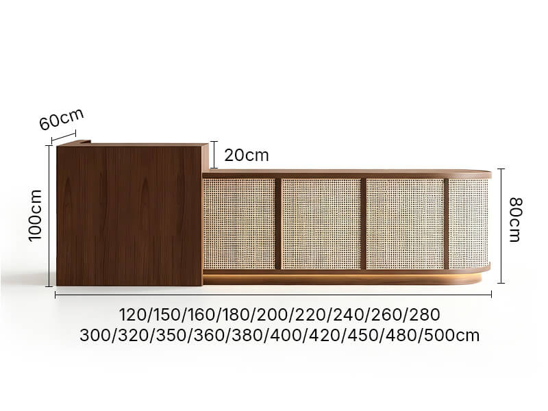 Comptoir de réception en bois avec détails en rotin et rangement verrouillable - Dimensions