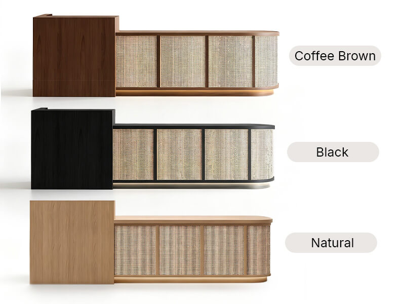 Comptoir de réception en bois avec détails en rotin et rangement verrouillable - Options de couleur